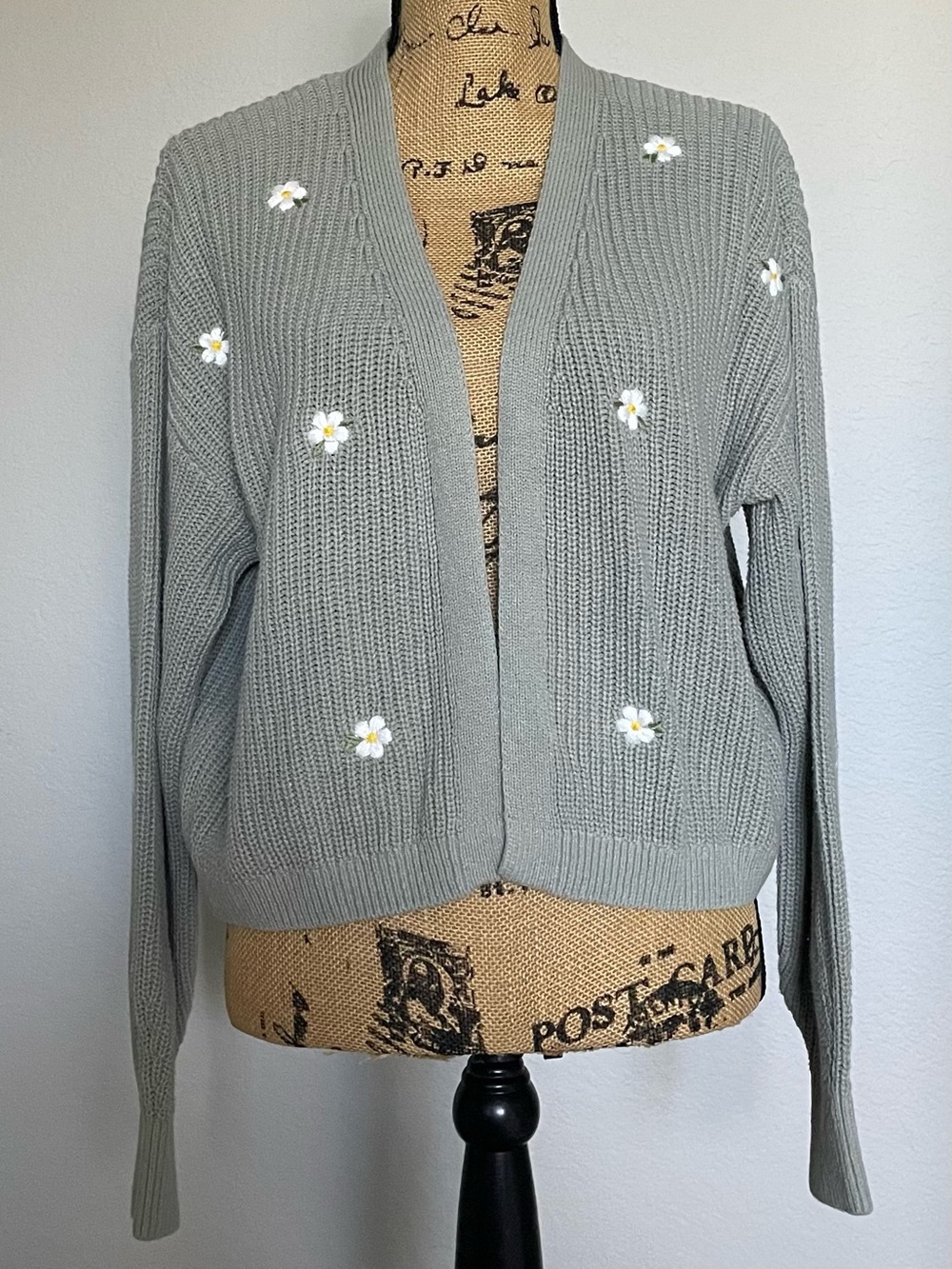 Jessica Simpson Sage Green Daisy Embroidered Open-Front Cardigan